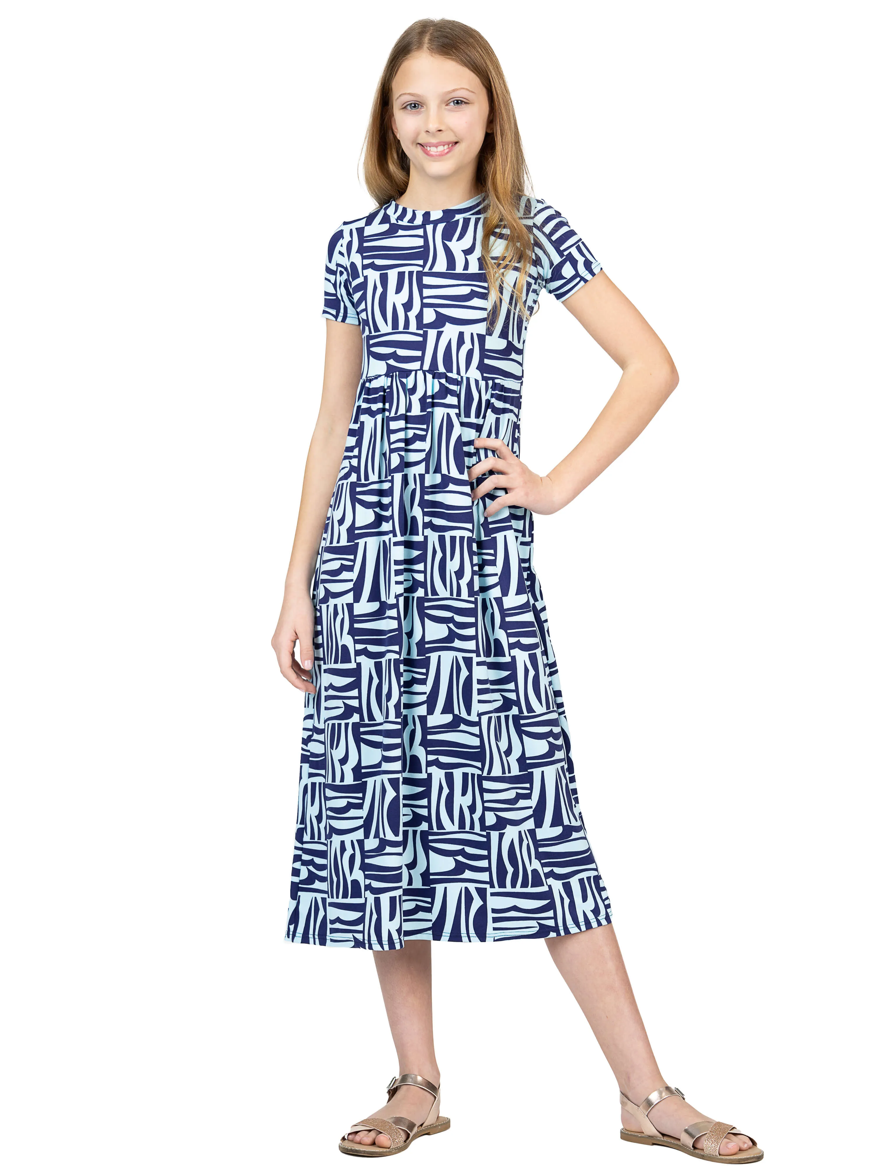 24sevenkid Girls Short Sleeve Blue Geo Print Maxi Dress