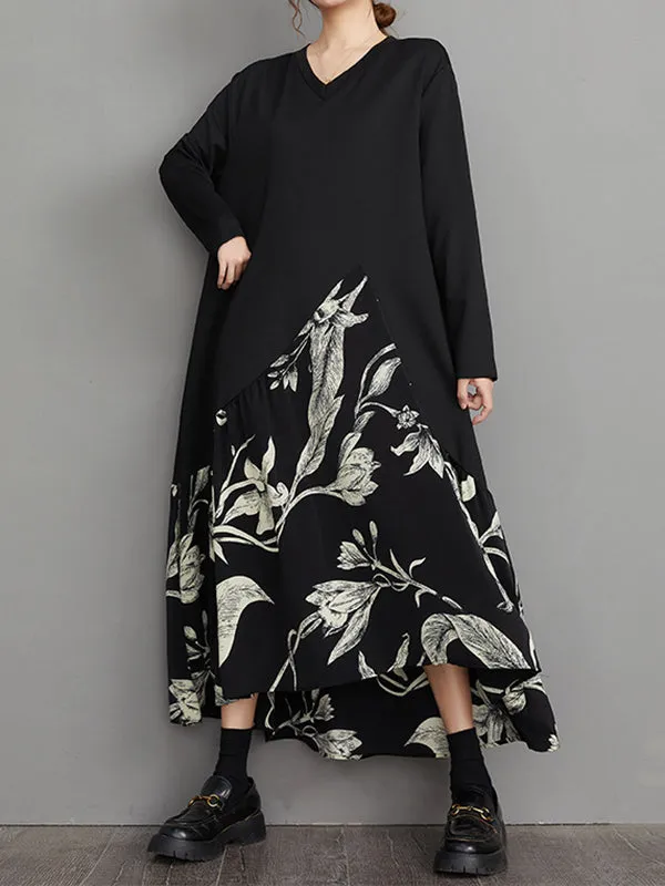 A-Line High-Low Asymmetric Flower Print Split-Joint V-Neck Midi Dresses