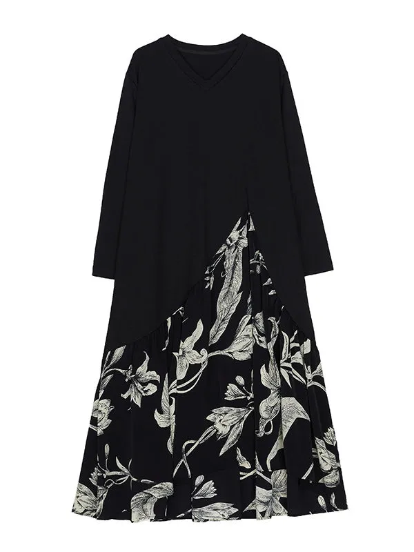 A-Line High-Low Asymmetric Flower Print Split-Joint V-Neck Midi Dresses