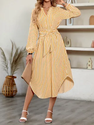 A-Line Long Sleeves Striped Tied Waist V-Neck Midi Dresses Shirt Dress