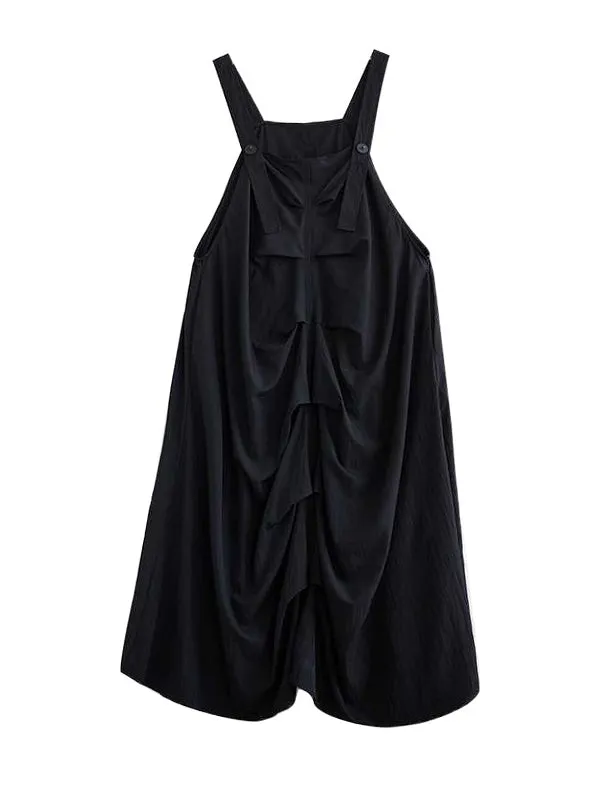 A-line Loose Buttoned Pleated Pockets Solid Color Split-Joint Spaghetti-Neck Midi Dresses