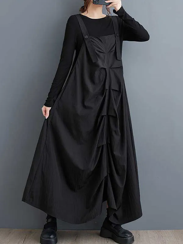 A-line Loose Buttoned Pleated Pockets Solid Color Split-Joint Spaghetti-Neck Midi Dresses