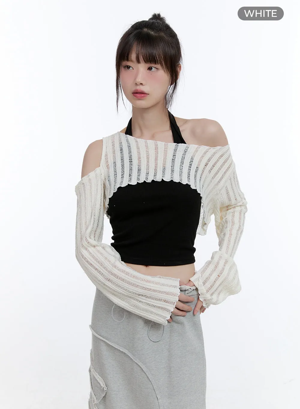 Asymmetrical Sheer Off-Shoulder Crop Top CG413