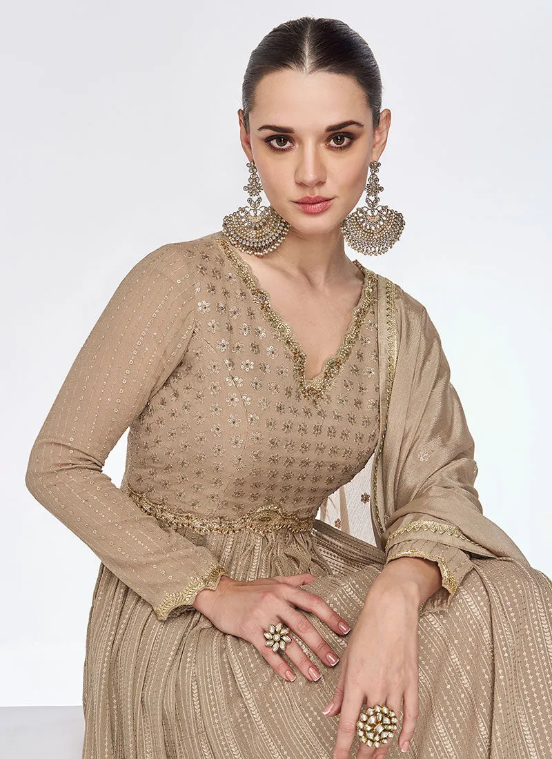 Beige Golden Sequence Embroidery Festive Palazzo Suit