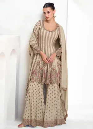 Beige Multi Embroidery Gharara Style Suit