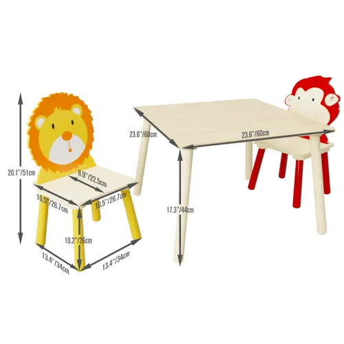 Bellemave® 3 Pieces Toddler Table and Chair Set(Lion&Monkey)