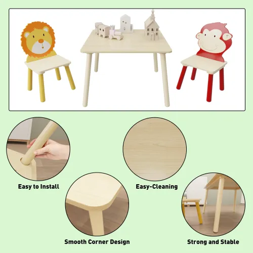 Bellemave® 3 Pieces Toddler Table and Chair Set(Lion&Monkey)