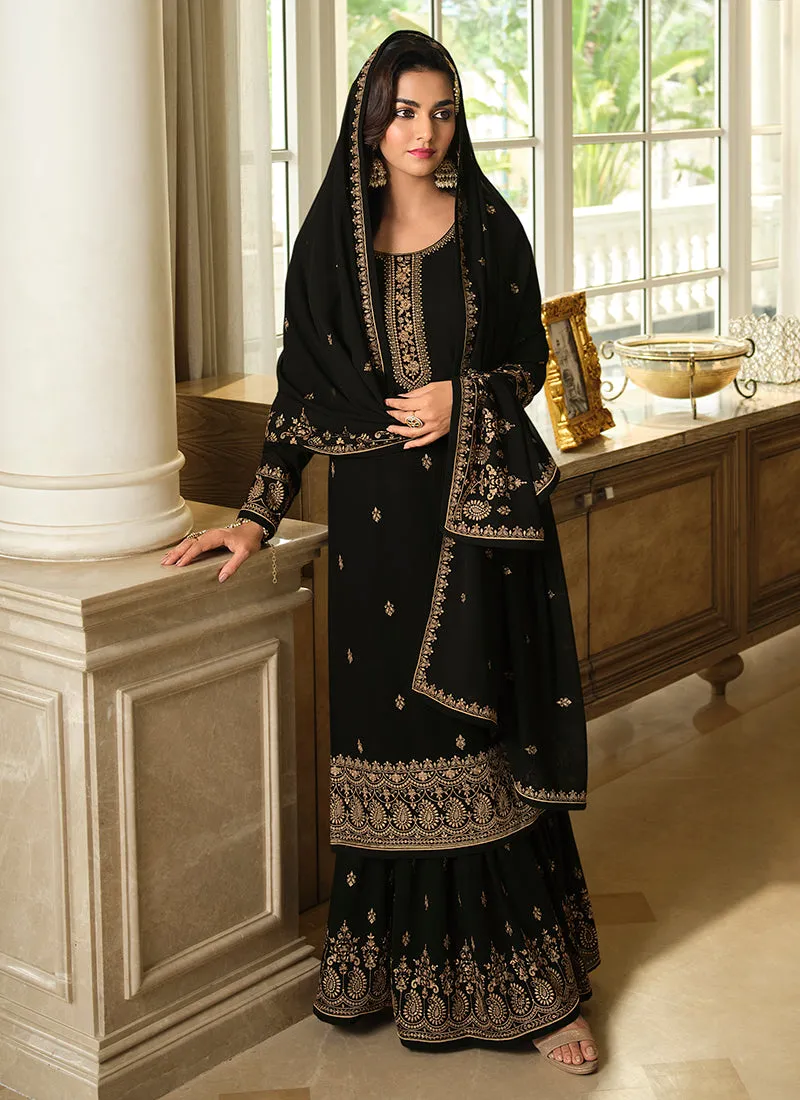 Black Sequence Embroidery Festive Gharara Style Suit