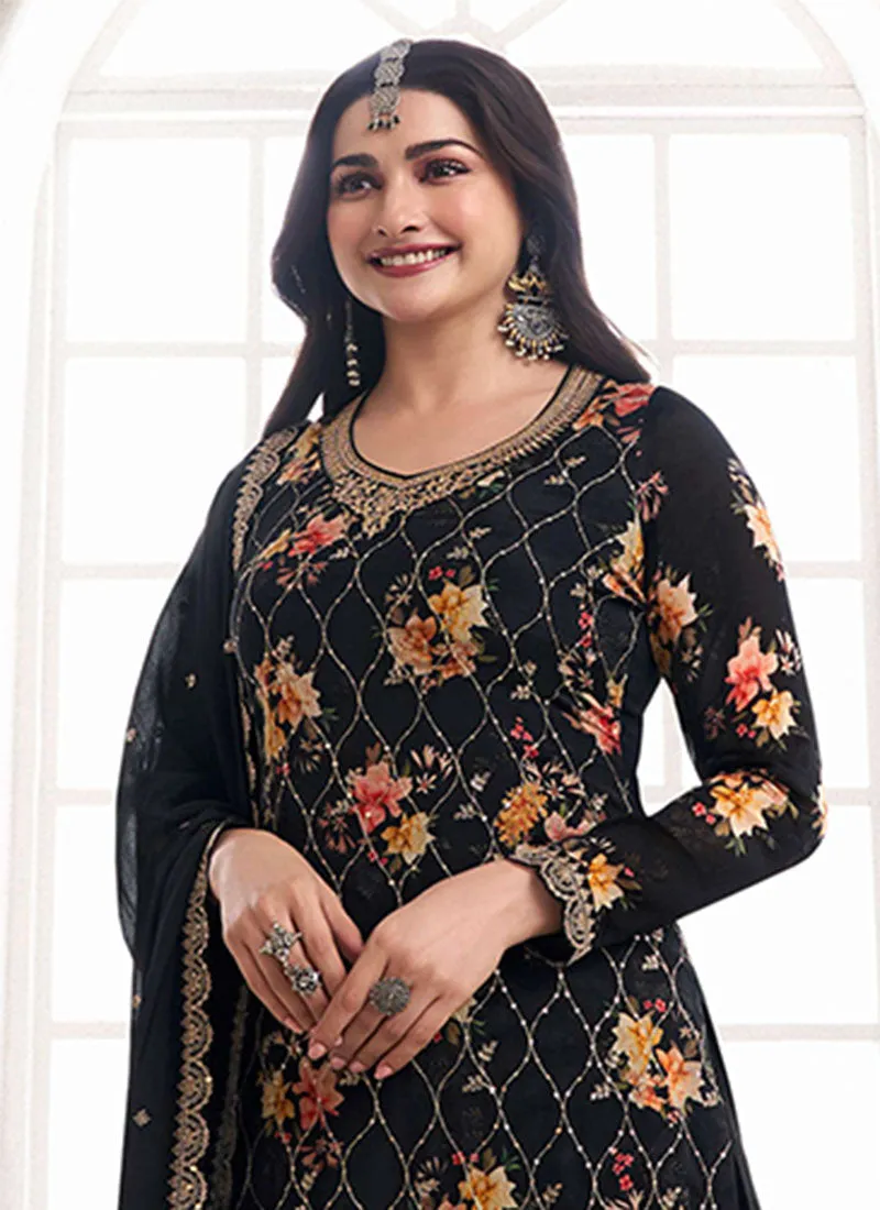 Black Sequence Embroidery Floral Palazzo Suit