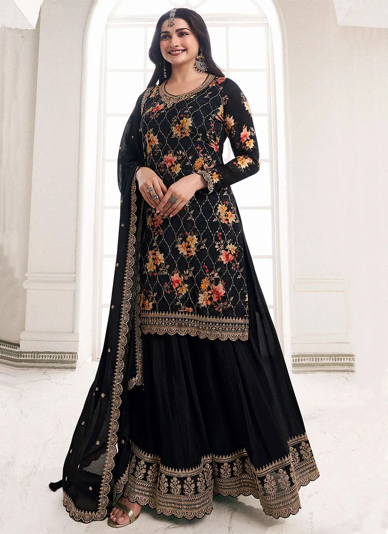 Black Sequence Embroidery Floral Palazzo Suit