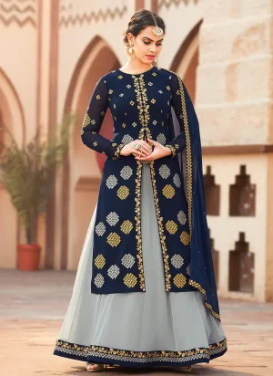 Blue And Grey Embroidered Lehenga Kurti Suit