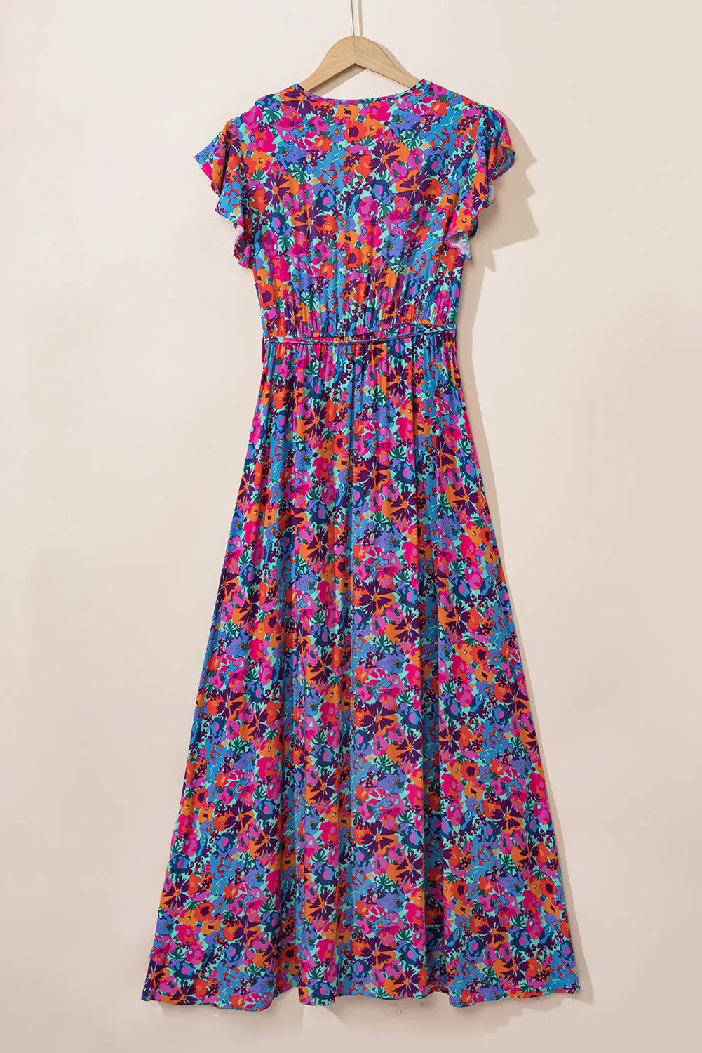 Blue Floral Print V Neck Wrap Split Maxi Dress