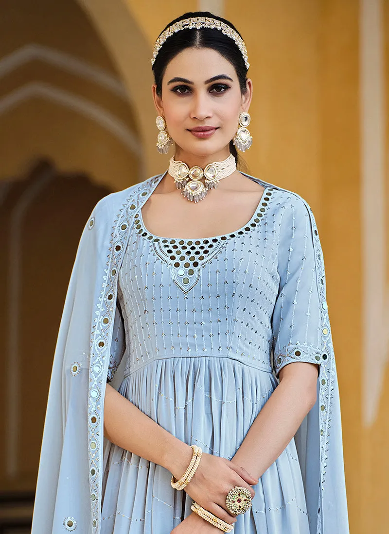 Blue Mirror Work Embroidery Pleated Anarkali Palazzo Suit