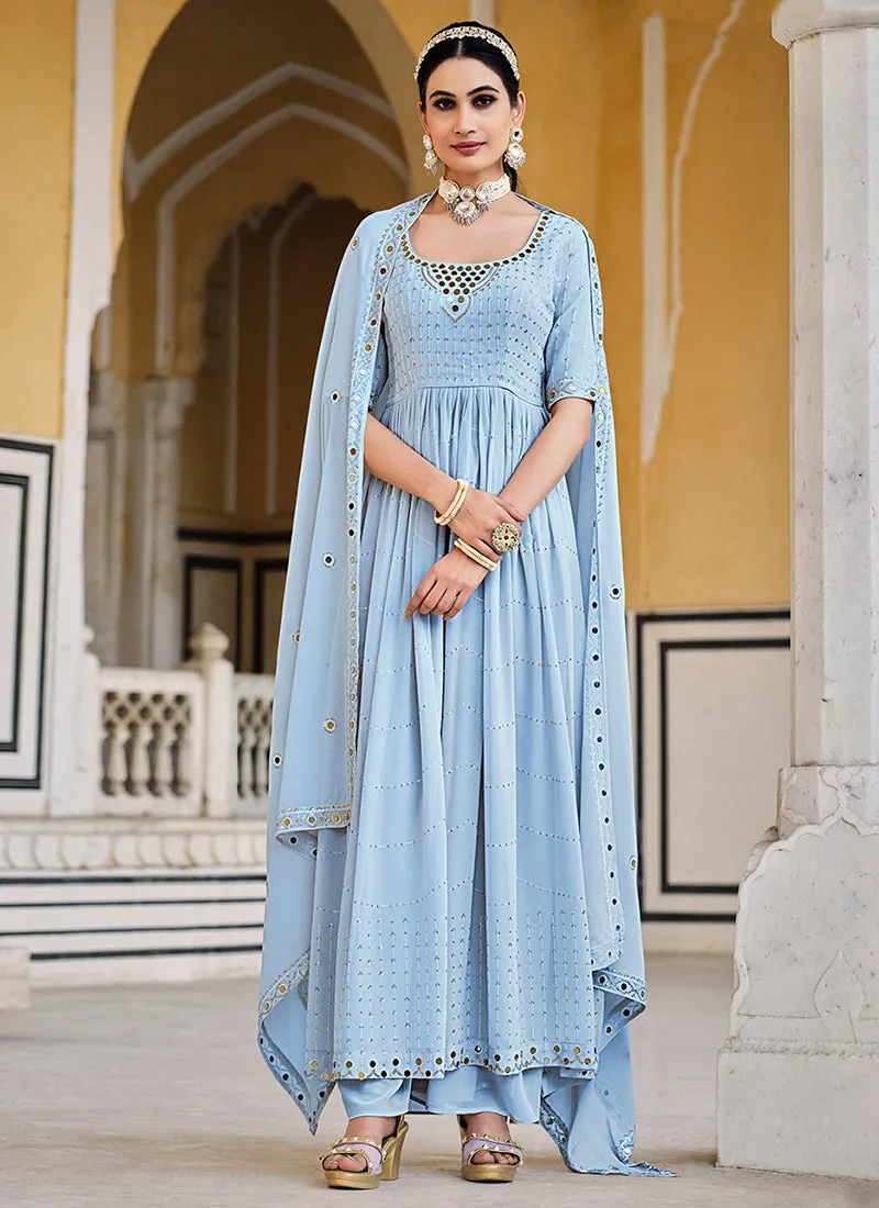 Blue Mirror Work Embroidery Pleated Anarkali Palazzo Suit