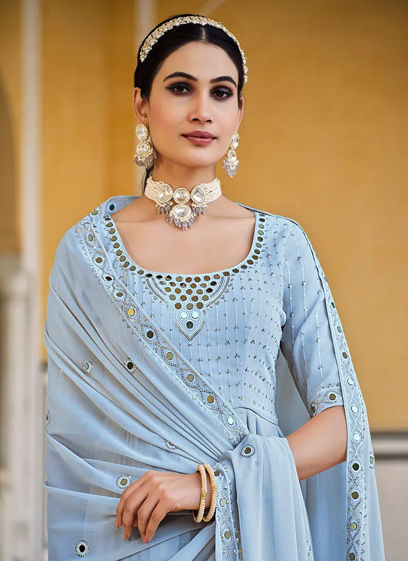 Blue Mirror Work Embroidery Pleated Anarkali Palazzo Suit