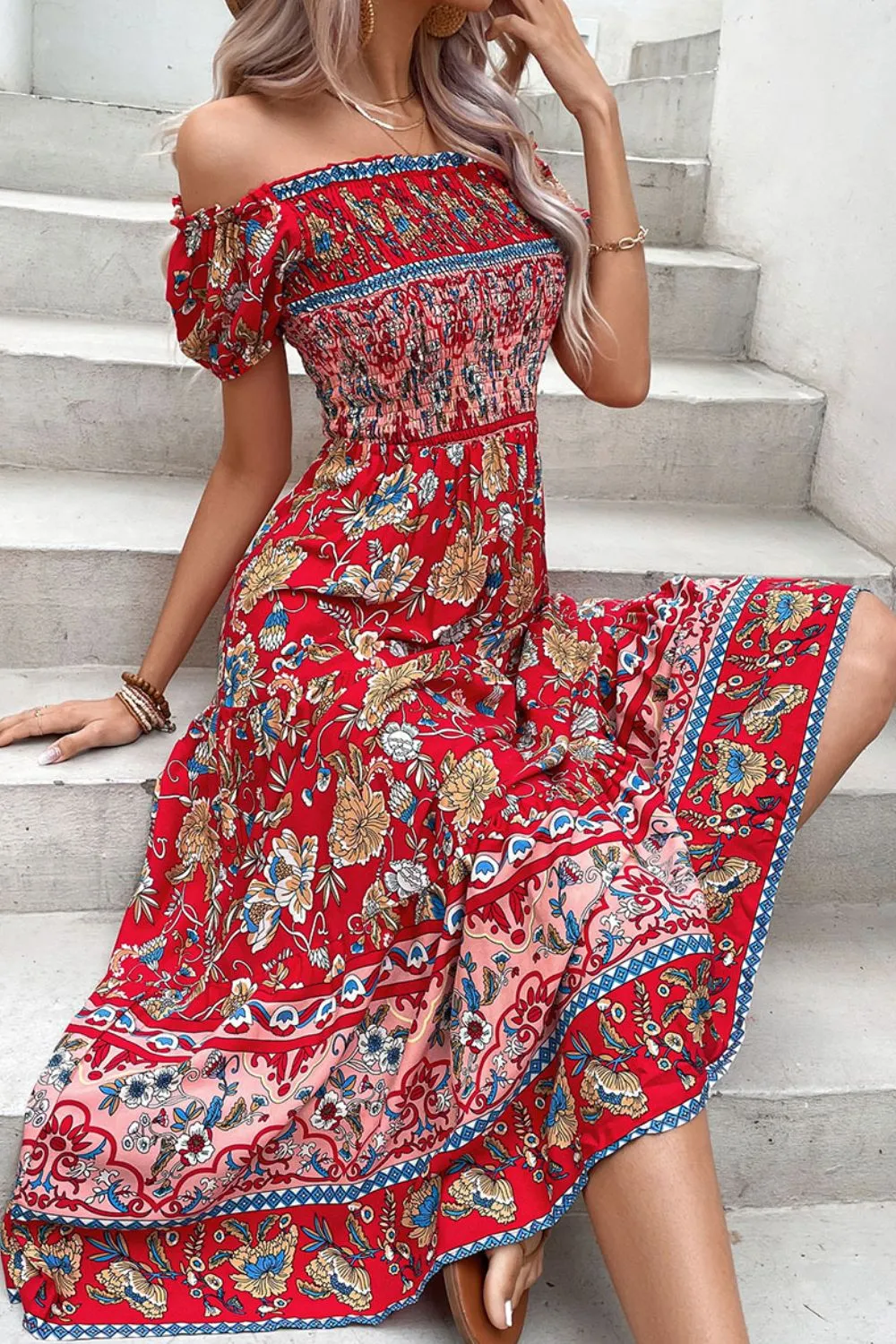 Boho Floral Off-Shoulder Vacation Midi Dress