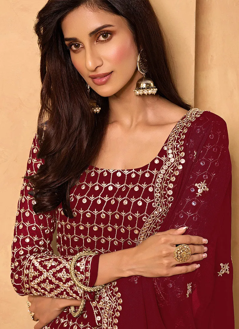 Bridal Red Mirror Embroidered Georgette Sharara Suit