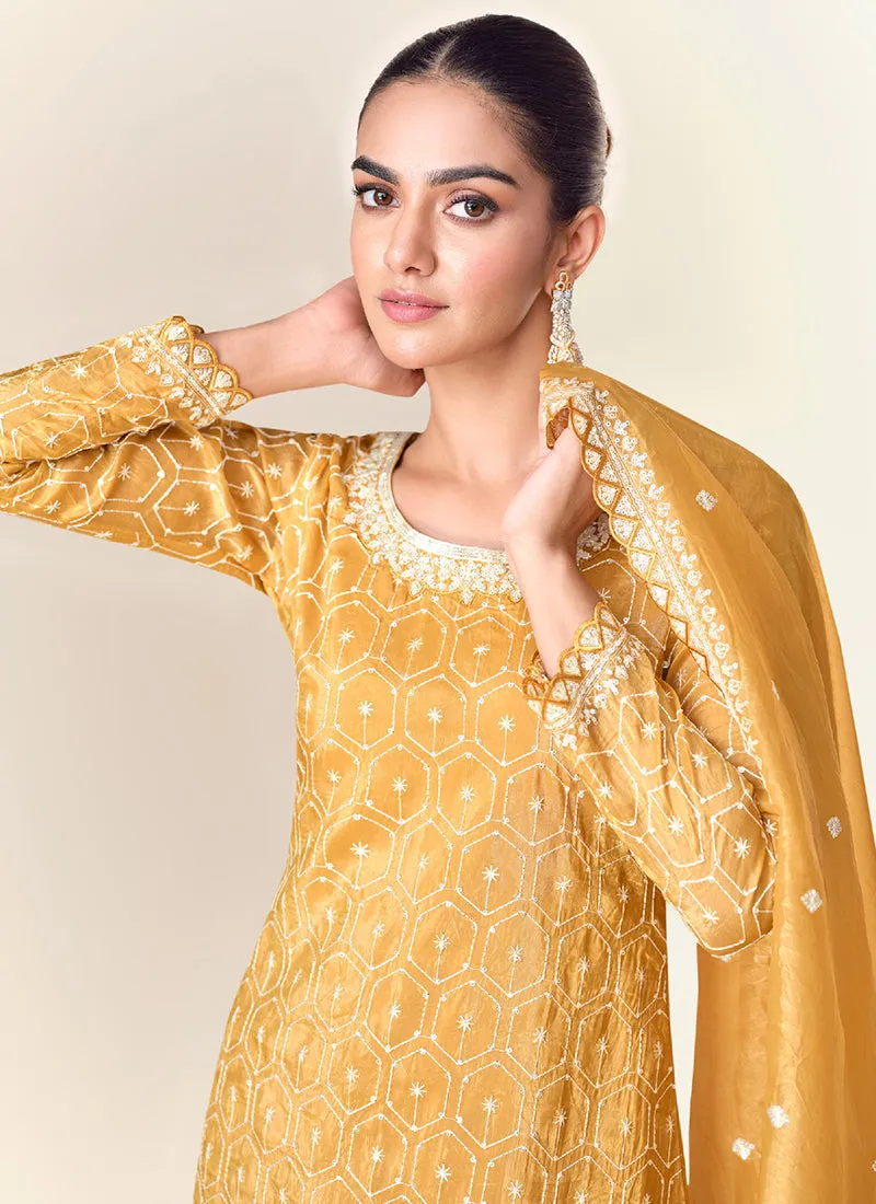 Bright Yellow Embroidery Party Wear Palazzo Suit