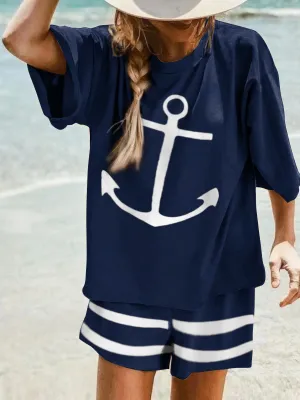 Casual Loose Navy Style Short Sleeve Top Shorts Set