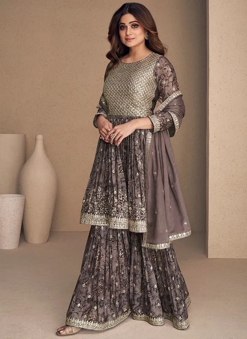 Charcoal Grey Sequence Embroidery Gharara Style Suit