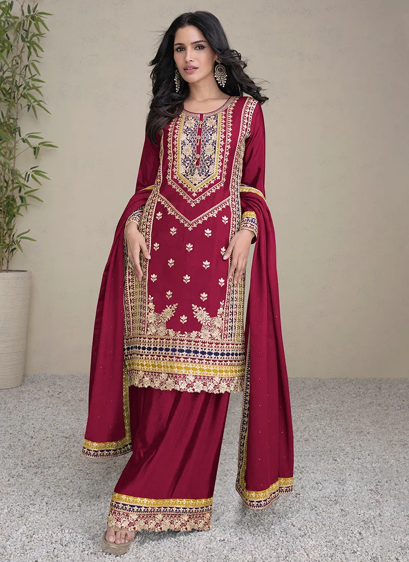 Cherry Red Multi Embroidery Traditional Palazzo Suit