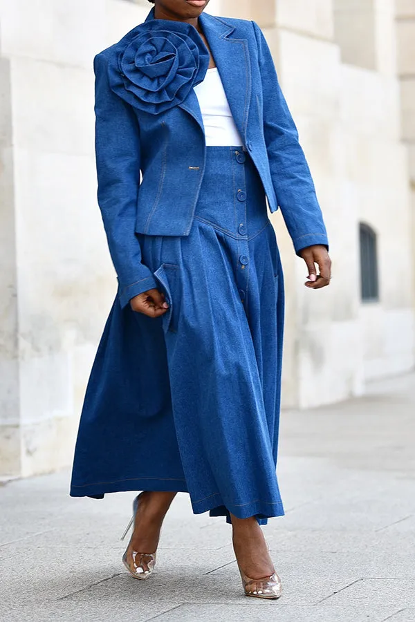 Chic Three-dimensional Floral Denim Blazer & Skirt Set