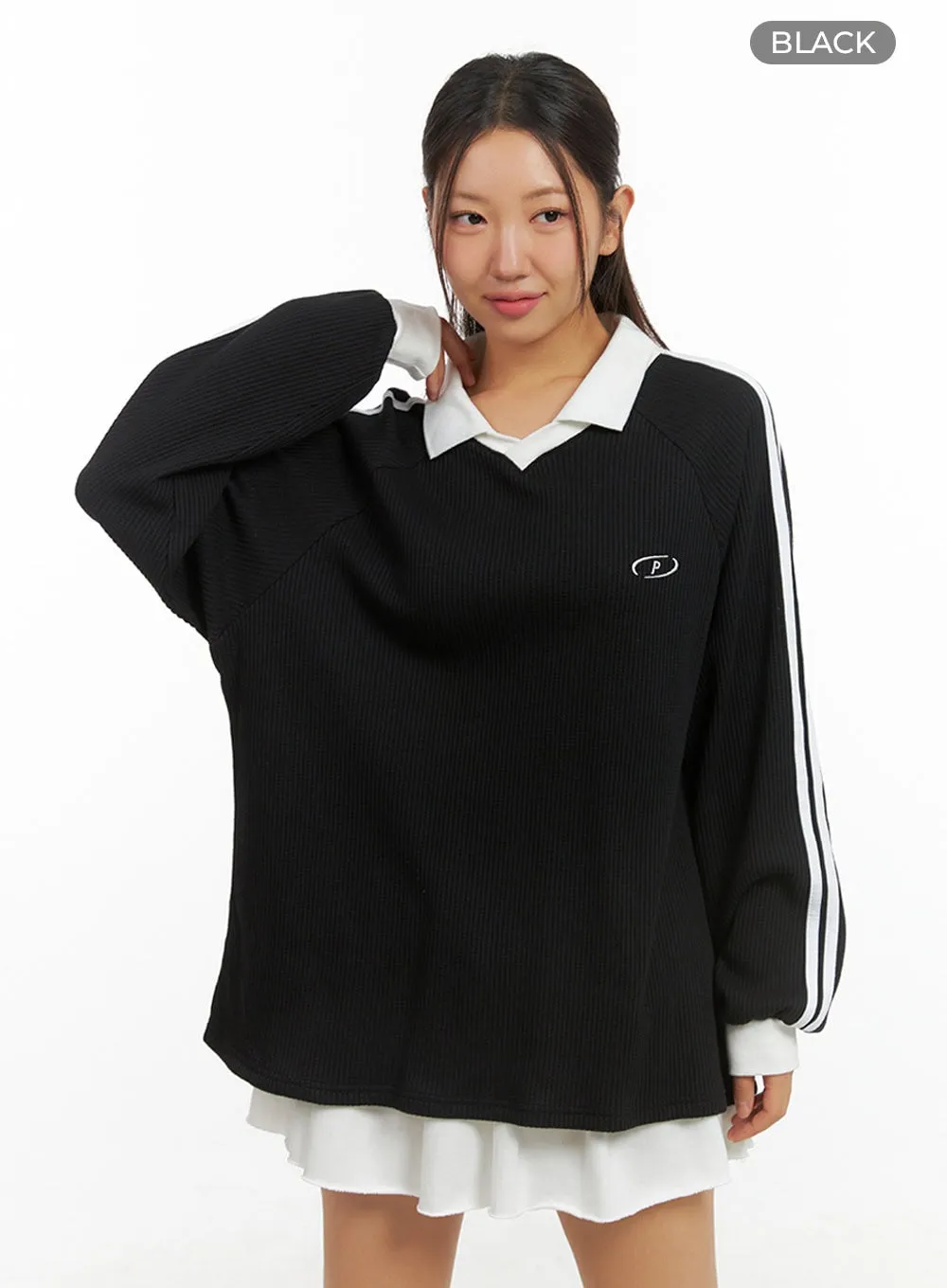 Collared Stripe Long Sleeve Top IS402