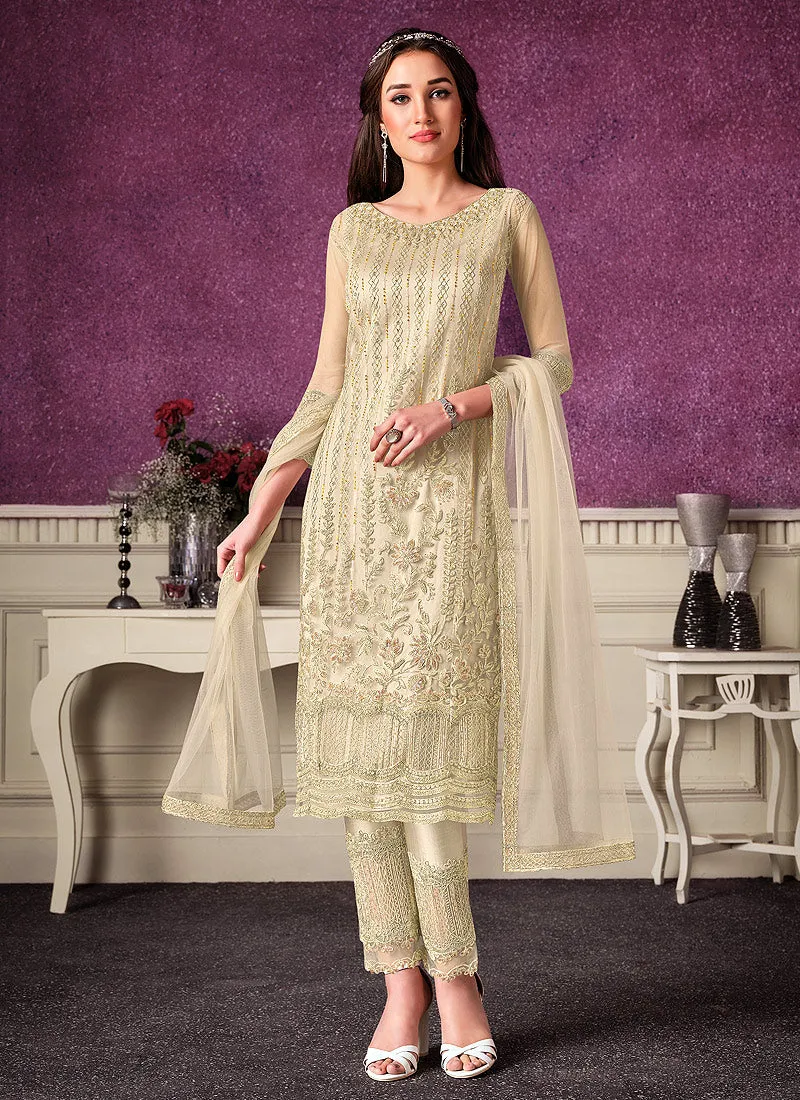 Cream Beige Designer Embroidered Pant Style Suit