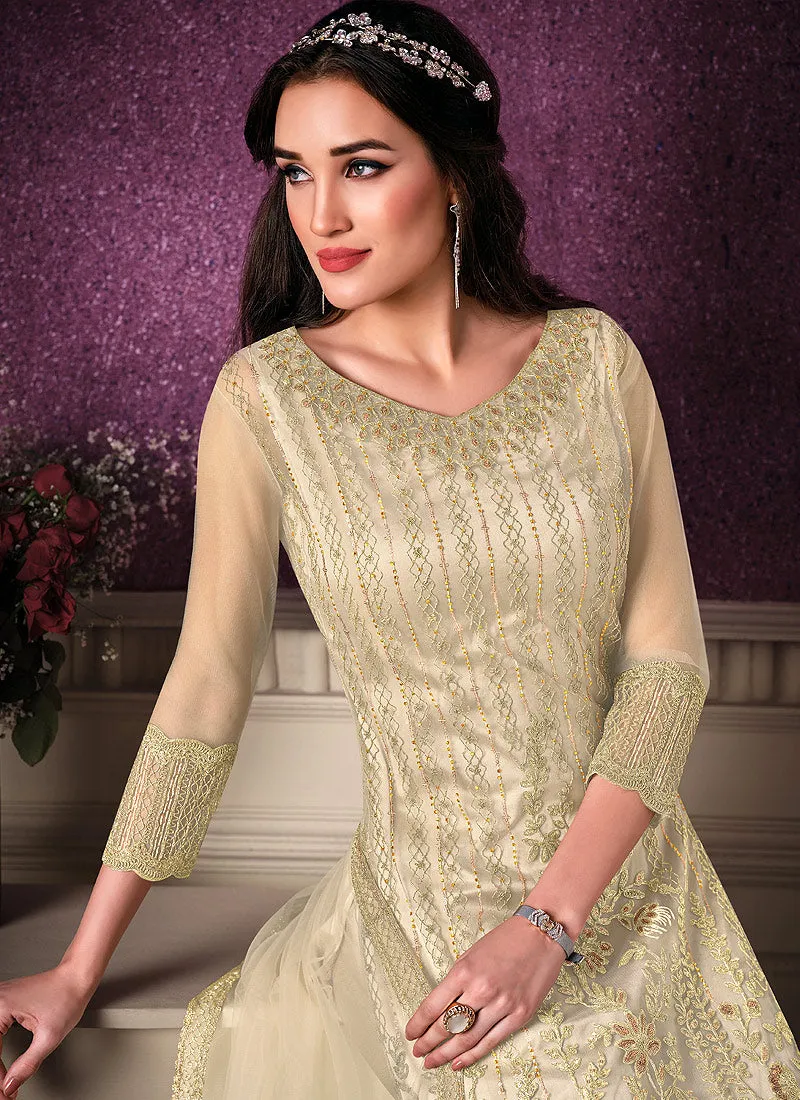 Cream Beige Designer Embroidered Pant Style Suit