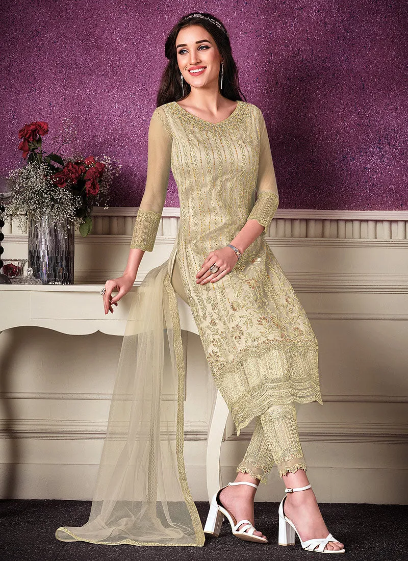 Cream Beige Designer Embroidered Pant Style Suit