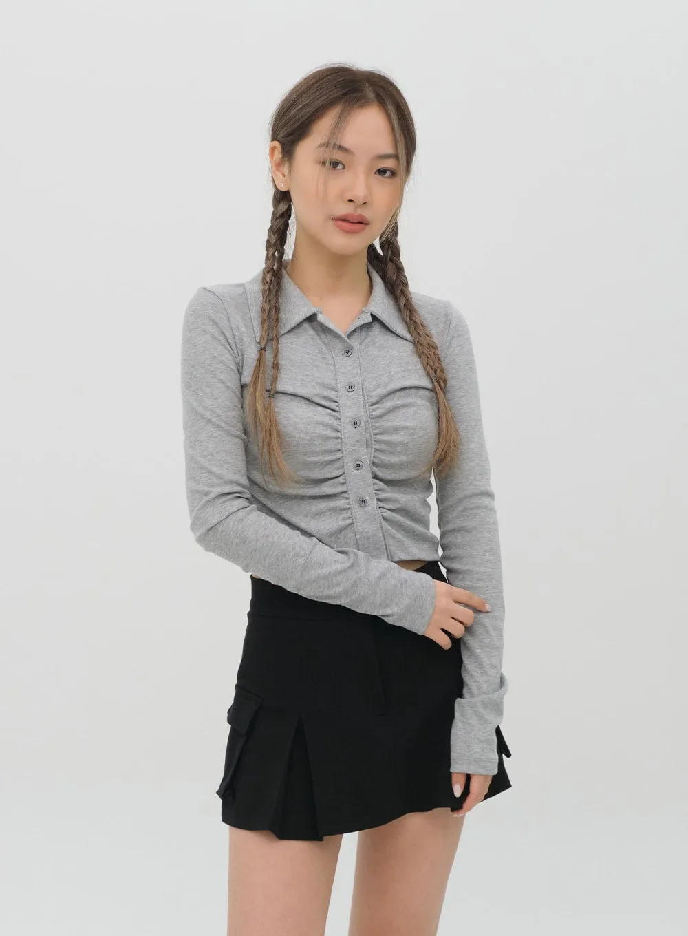 Cropped Shirt with Front Shirring C1002