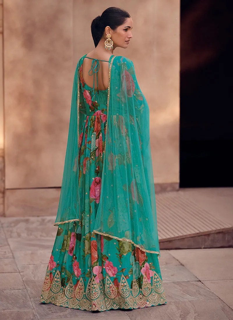 Cyan Blue Floral Printed Sequence Embroidered Anarkali Gown