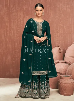 Dark Green Embroidered Georgette Gharara Suit