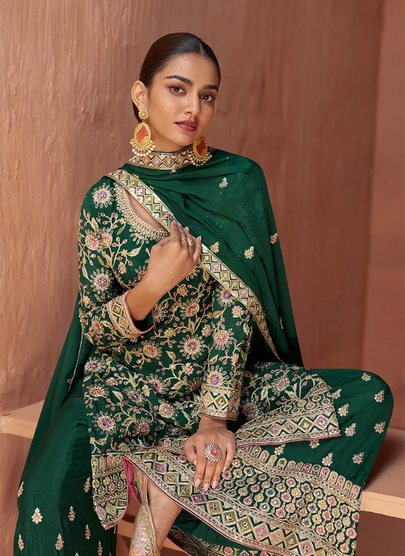 Dark Green Reshamkari Embroidery Festive Palazzo Suit