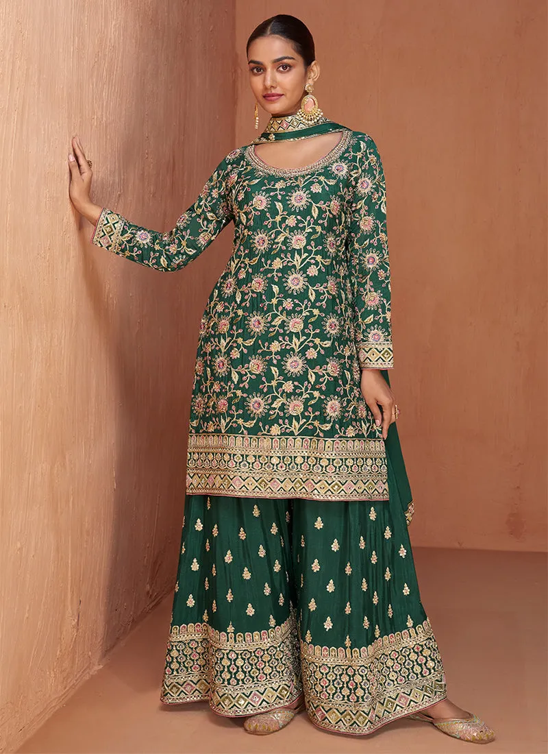 Dark Green Reshamkari Embroidery Festive Palazzo Suit