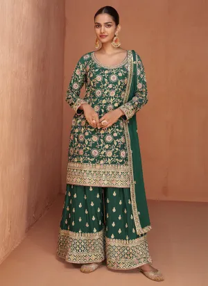 Dark Green Reshamkari Embroidery Festive Palazzo Suit