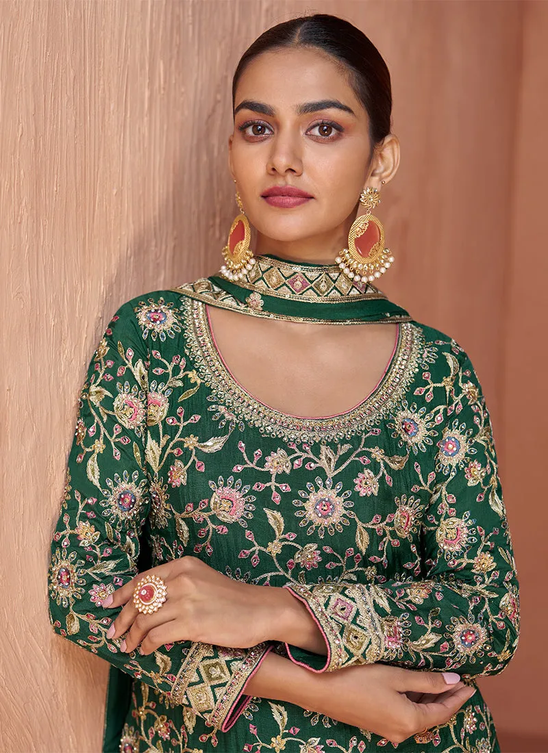 Dark Green Reshamkari Embroidery Festive Palazzo Suit