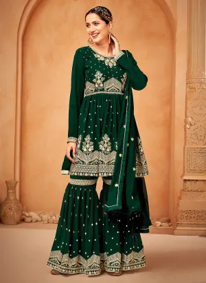 Dark Green Sequence Embroidery Anarkali Gharara Suit