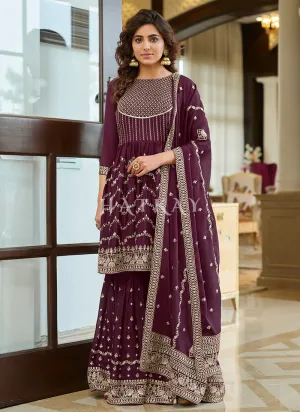 Deep Wine Embroidered Traditional Festive Gharara Suit