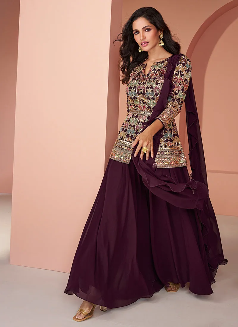 Deep Wine Multi Embroidery Designer Palazzo Kurti