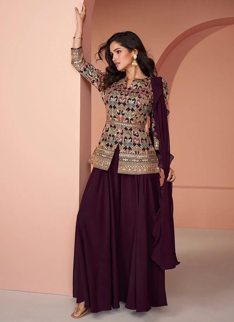 Deep Wine Multi Embroidery Designer Palazzo Kurti