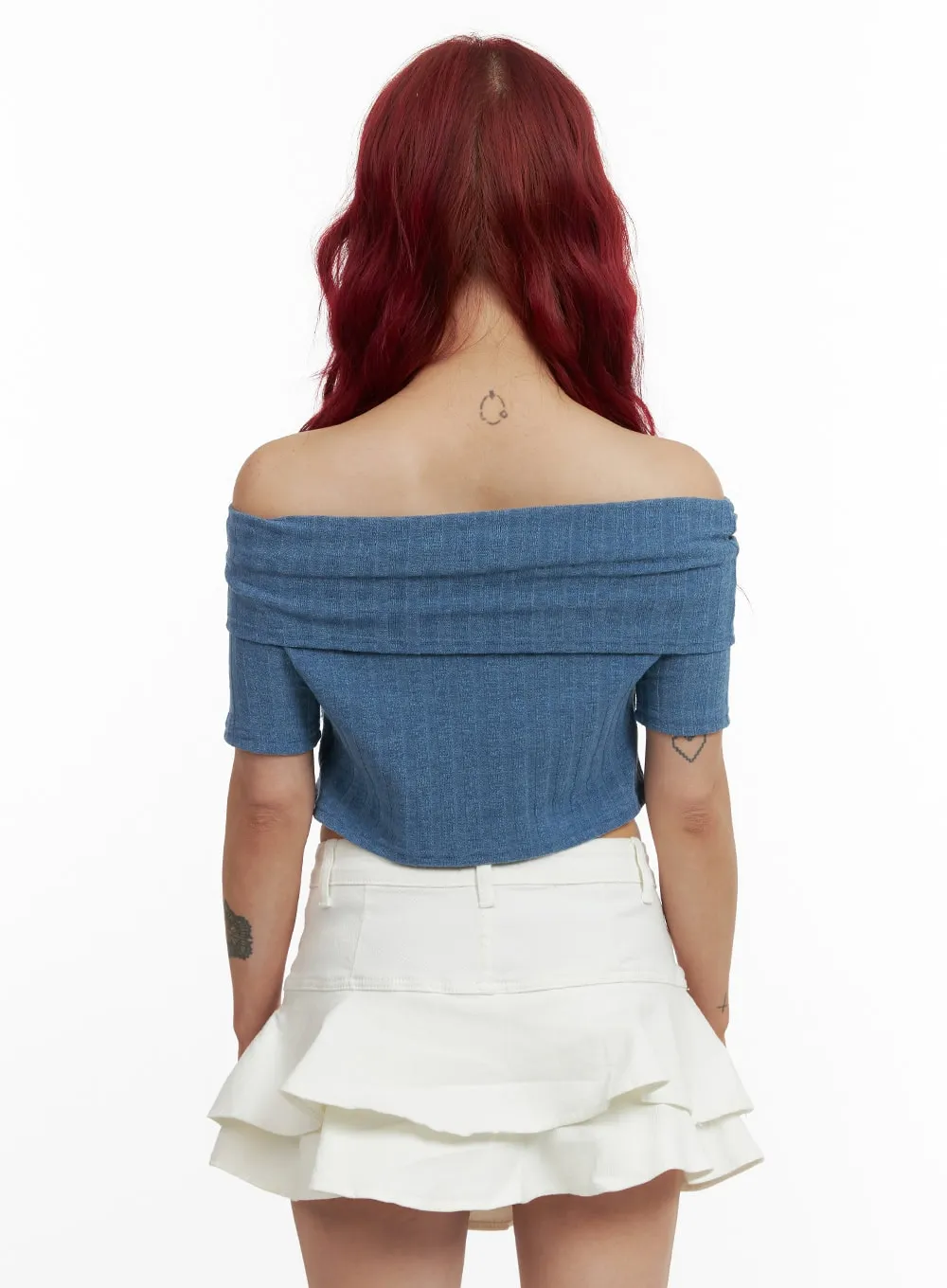 Denim Detail Off Shoulder Crop Top CY430