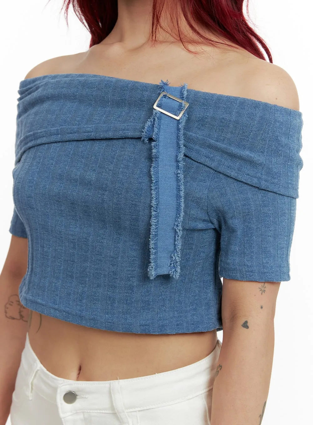 Denim Detail Off Shoulder Crop Top CY430