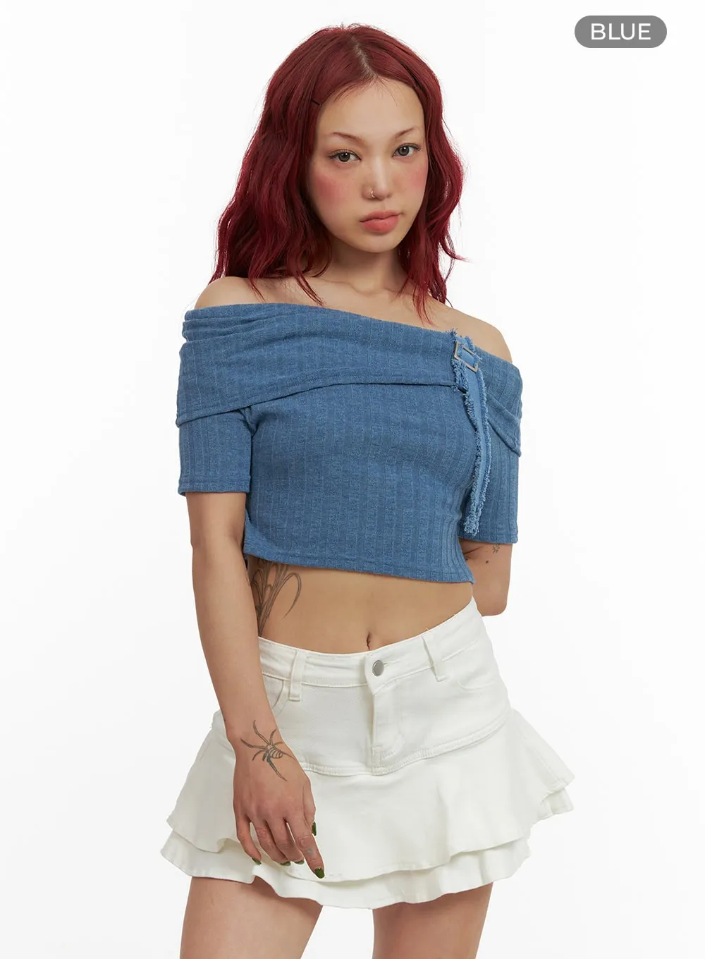 Denim Detail Off Shoulder Crop Top CY430