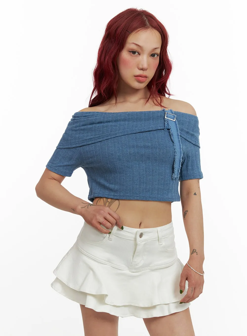 Denim Detail Off Shoulder Crop Top CY430