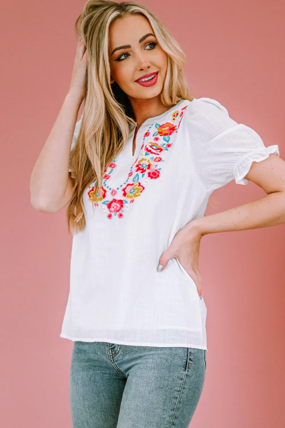 Embroidered Flowers Vacation Top