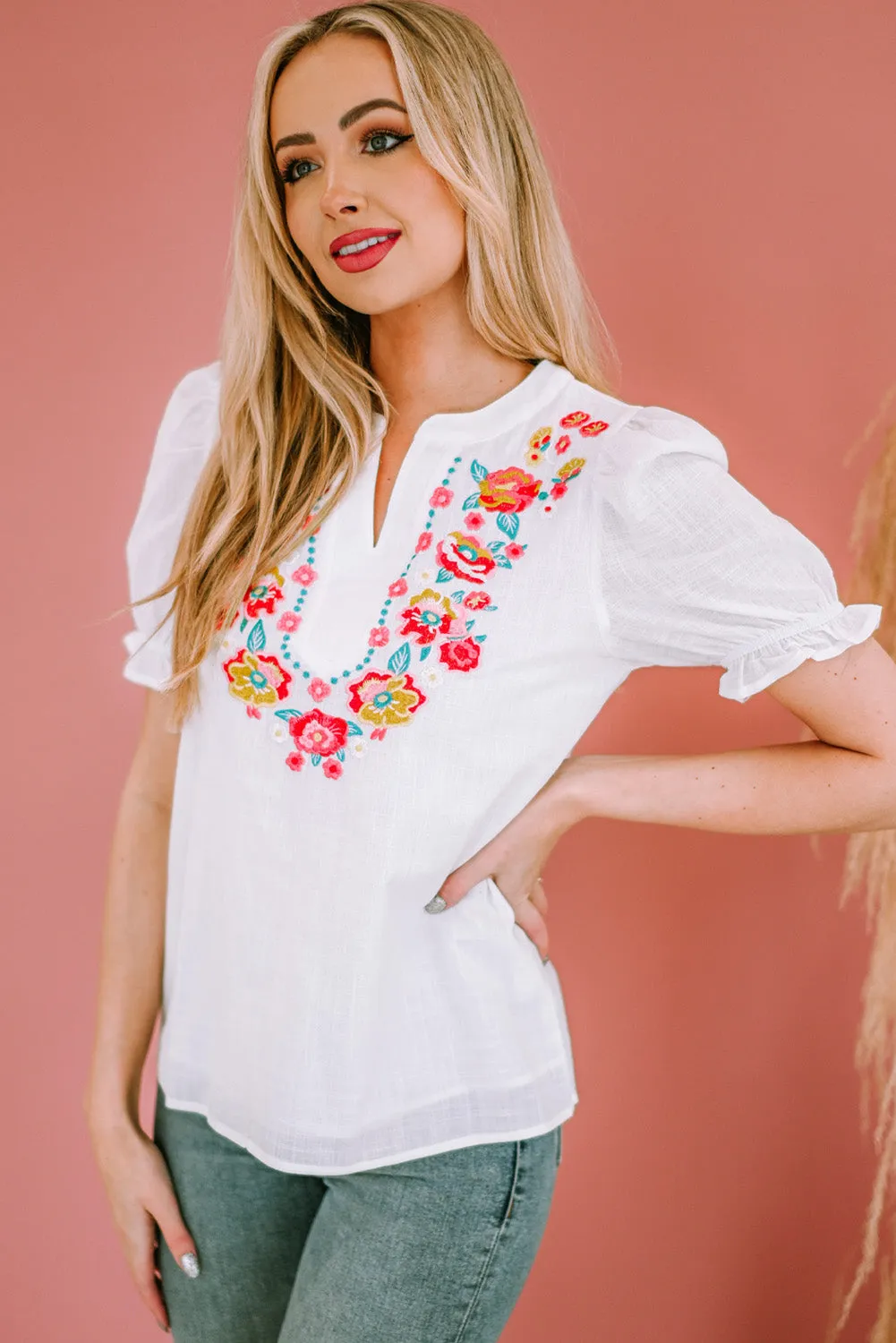 Embroidered Flowers Vacation Top