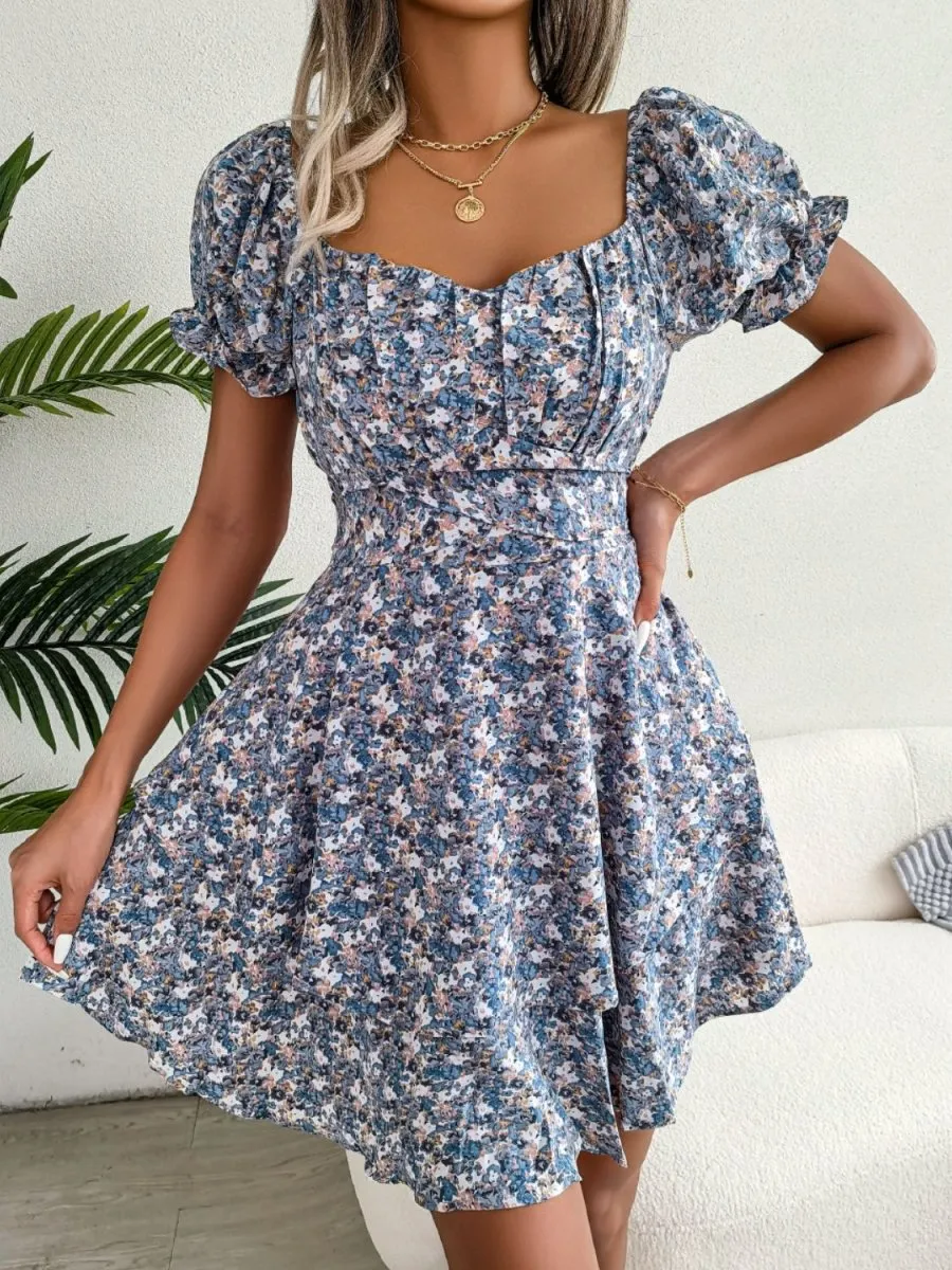 Floral Sweetheart Neck Flounce Sleeve Mini Dress