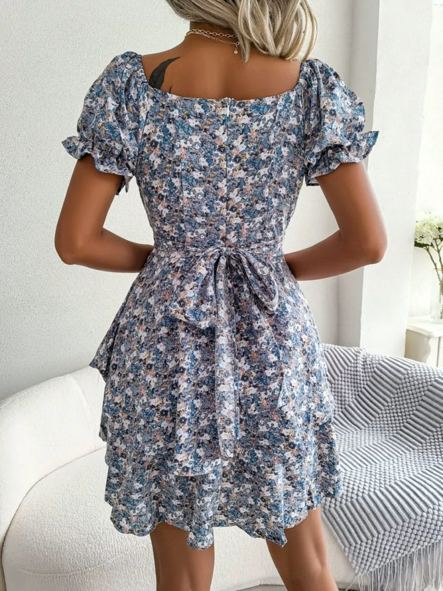 Floral Sweetheart Neck Flounce Sleeve Mini Dress