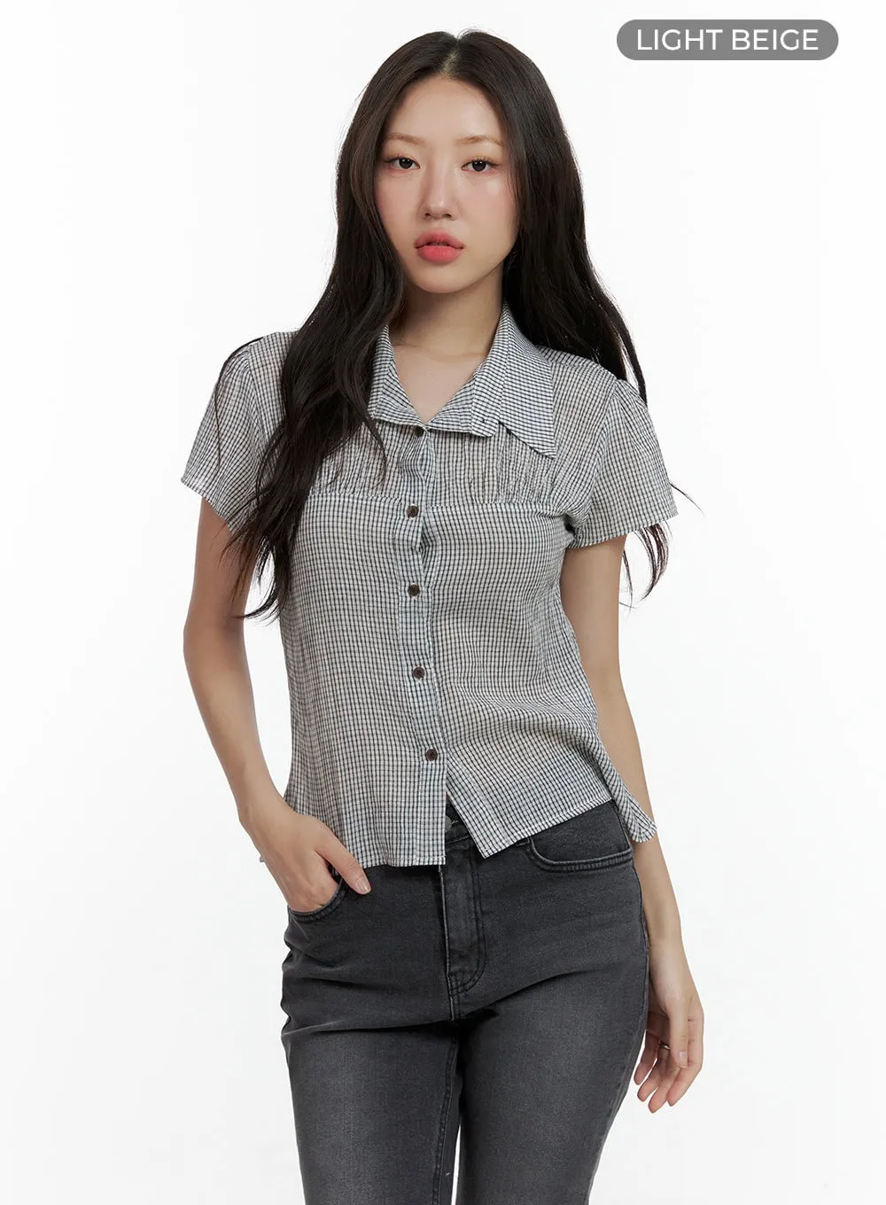 Gingham Buttoned Collar Short Sleeve Blouse CL410